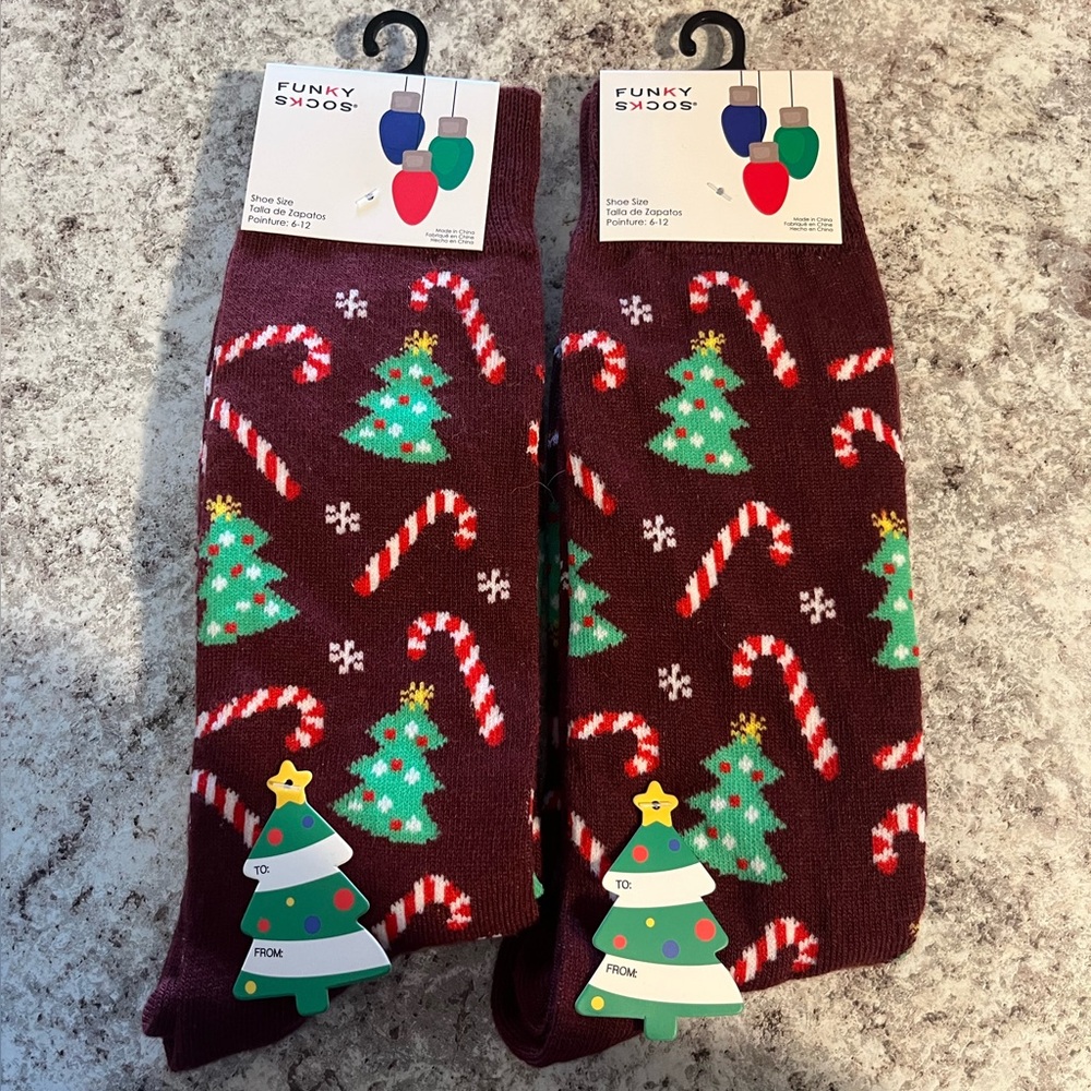 Festive Tree and Candy Cane Socks - Burgundy and Green